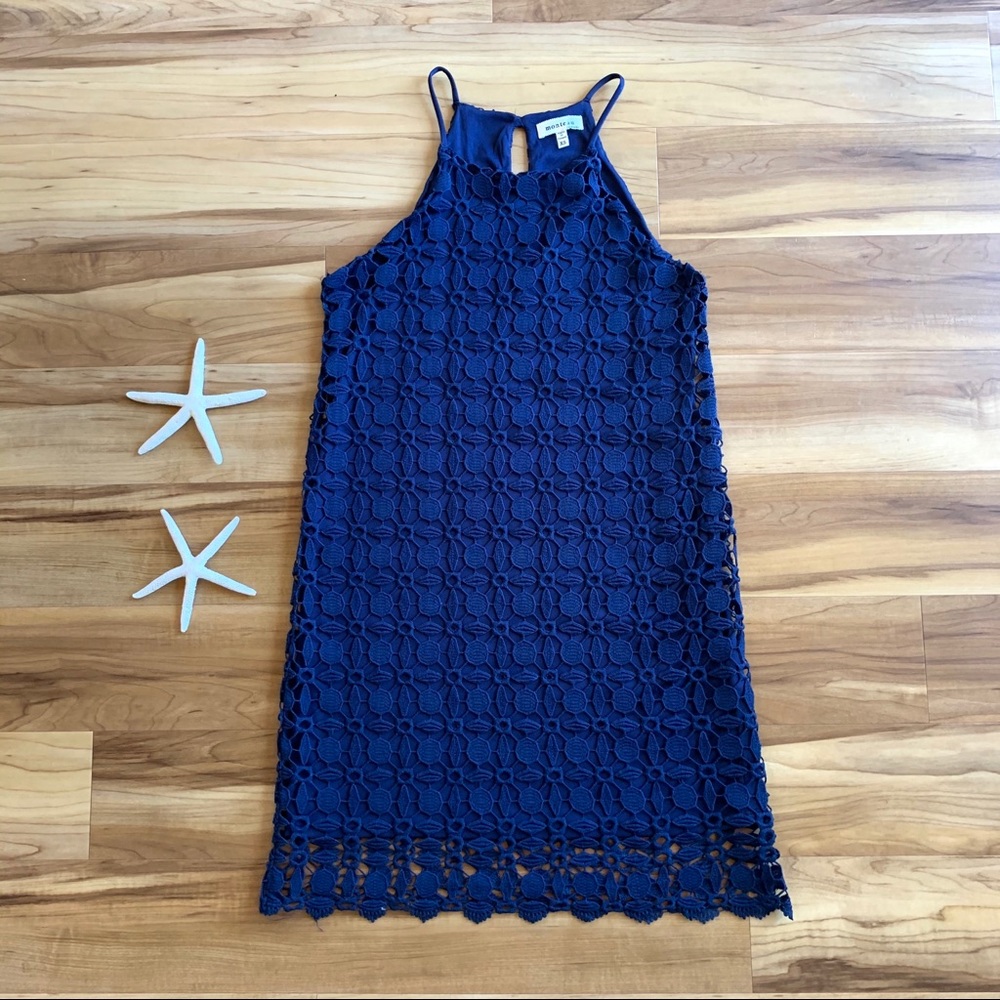 Monteau Women’s Navy Blue High Neck Crochet Overlay Dress, Size XS